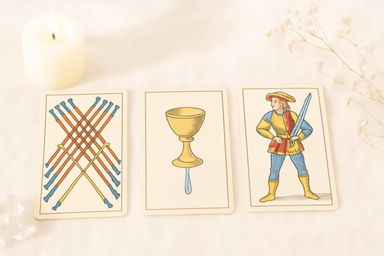 Diez de Bastos Tarot de Marsella: gestionar cargas con equilibrio y perseverancia